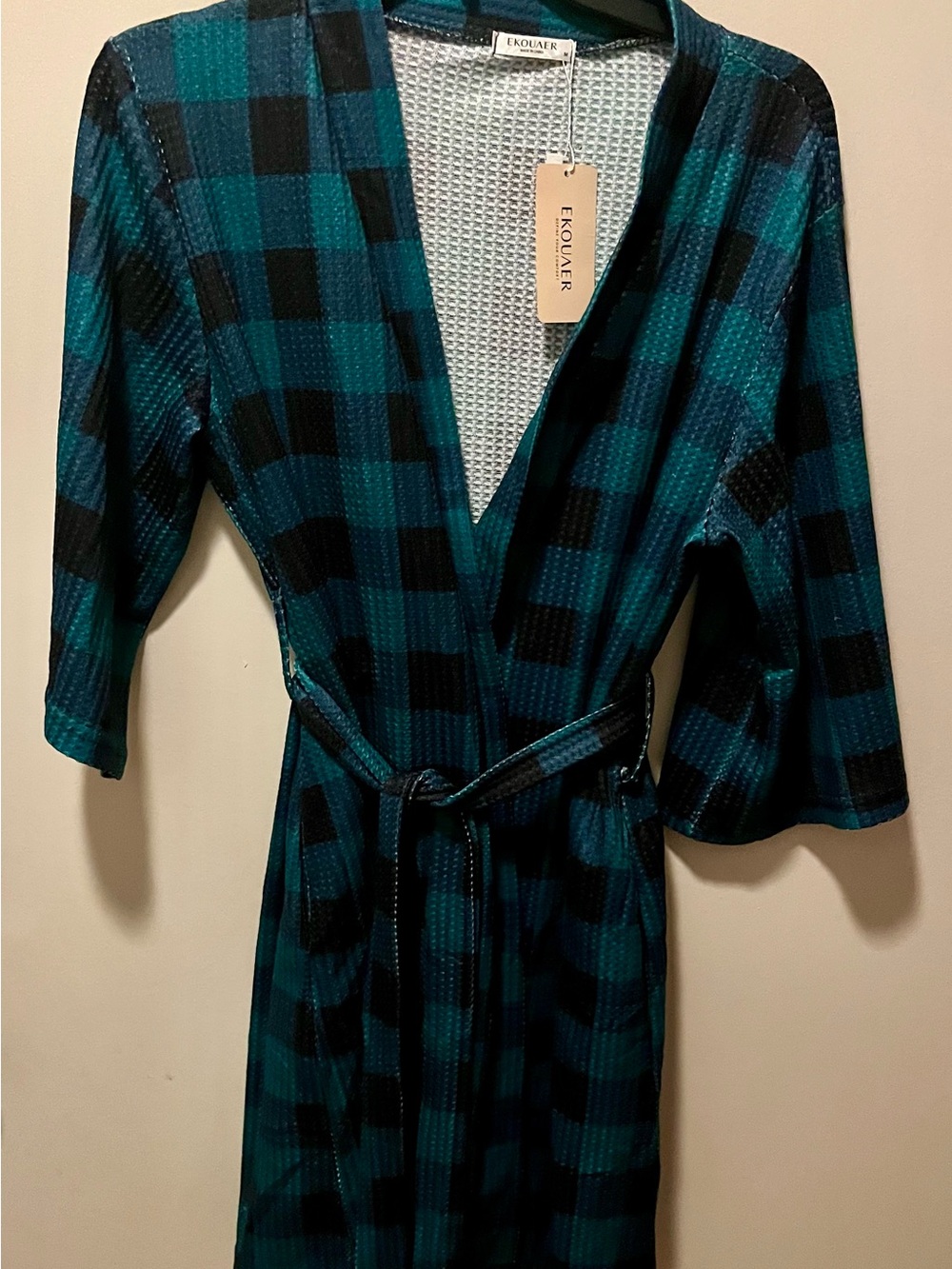 Ekouaer Women's Teal & Black Plaid Light Weight Waffle Robe
